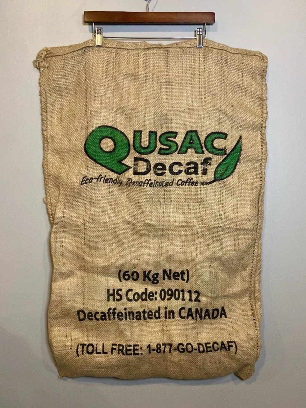 Qusac Decaf Coffee Burlap Sack / Large Jute Bag / Rustic Decor Vintage